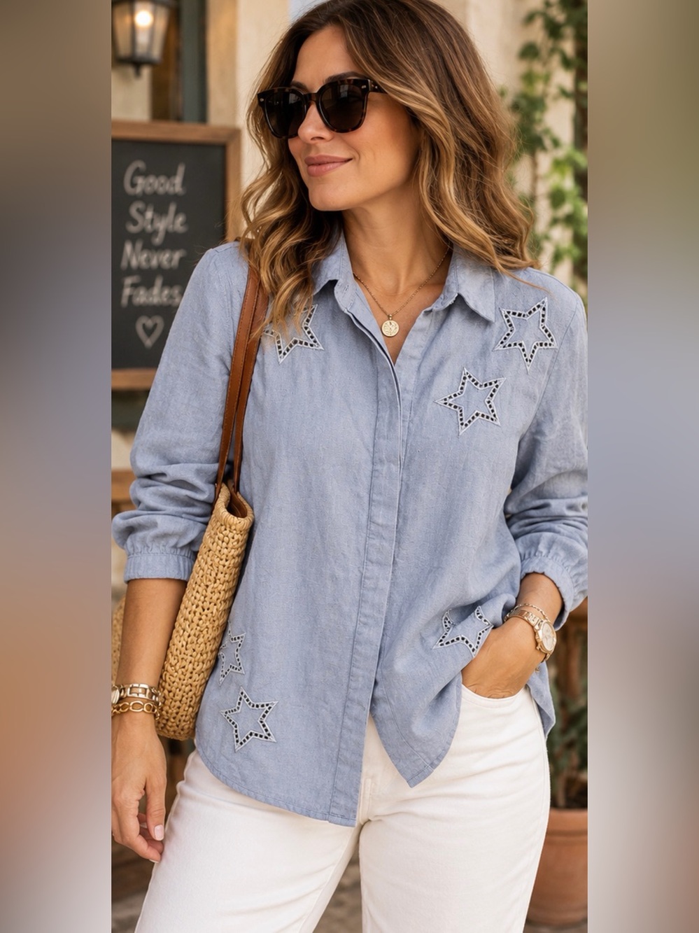 My Danielle Linen Blend Star Cutwork Button Down Shirt Blue Size S